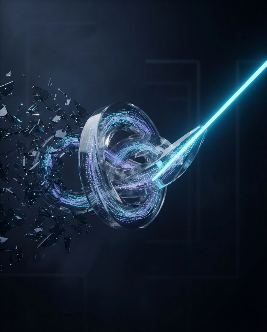 Abstract glass forms transforming into a focused beam of light
